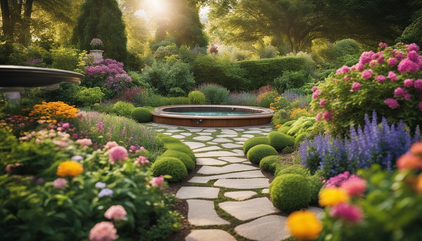 A winding garden pathway leads to a hot tub surrounded by lush greenery and colorful flowers, creating a serene and inviting atmosphere