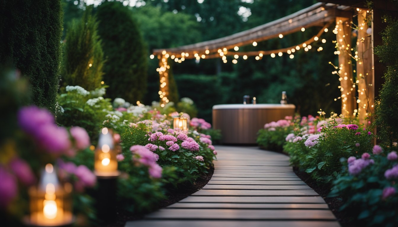 A winding garden pathway lined with vibrant flowers leads to a cozy hot tub nestled among lush greenery and twinkling string lights