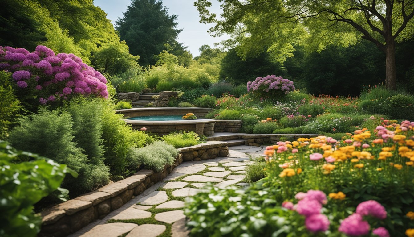 A winding stone path leads through a lush garden, bordered by vibrant flowers and foliage, leading to a hot tub nestled among the greenery