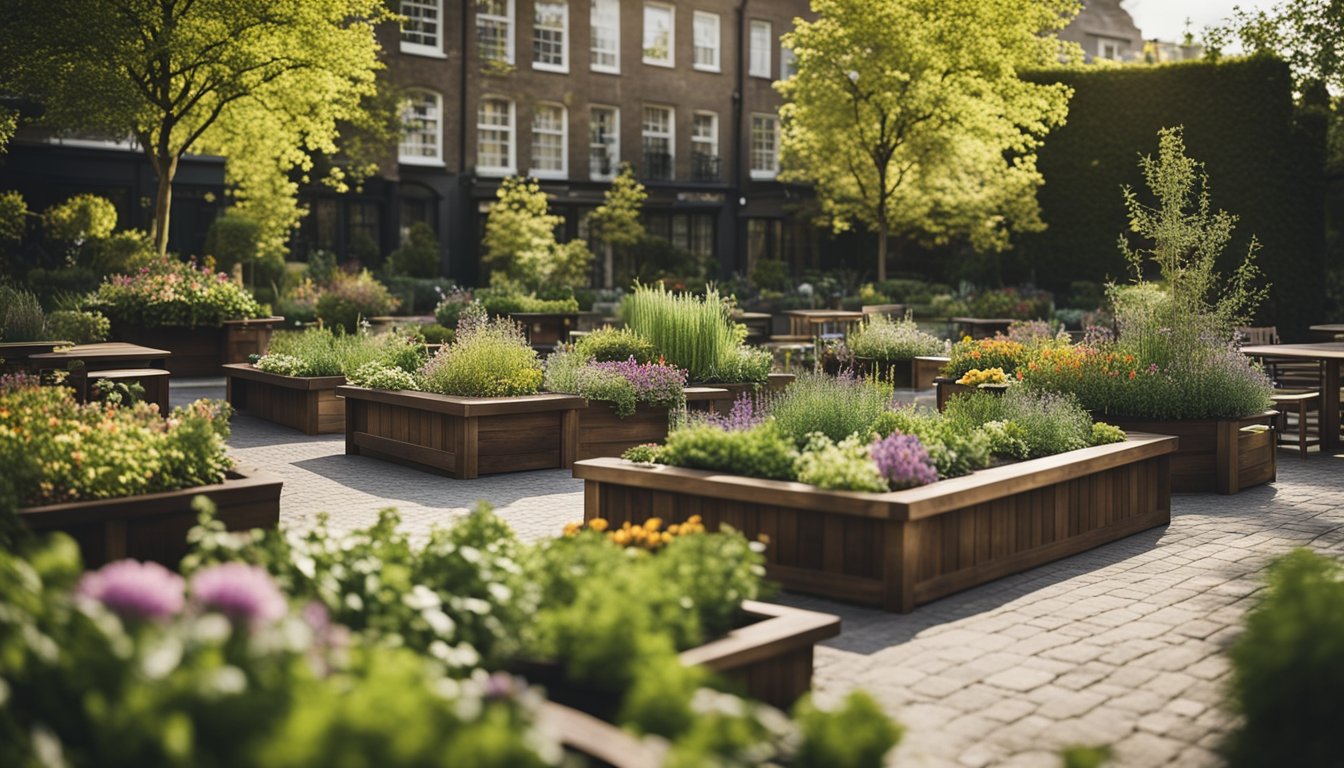 A garden with raised beds, vertical planters, and hanging baskets. Diverse plants and flowers fill the space, with winding paths and seating areas