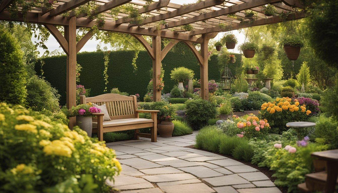 A lush garden with winding pathways, colorful flowers, and various seating areas. A pergola and trellises provide shade, while bird feeders and wind chimes add interest