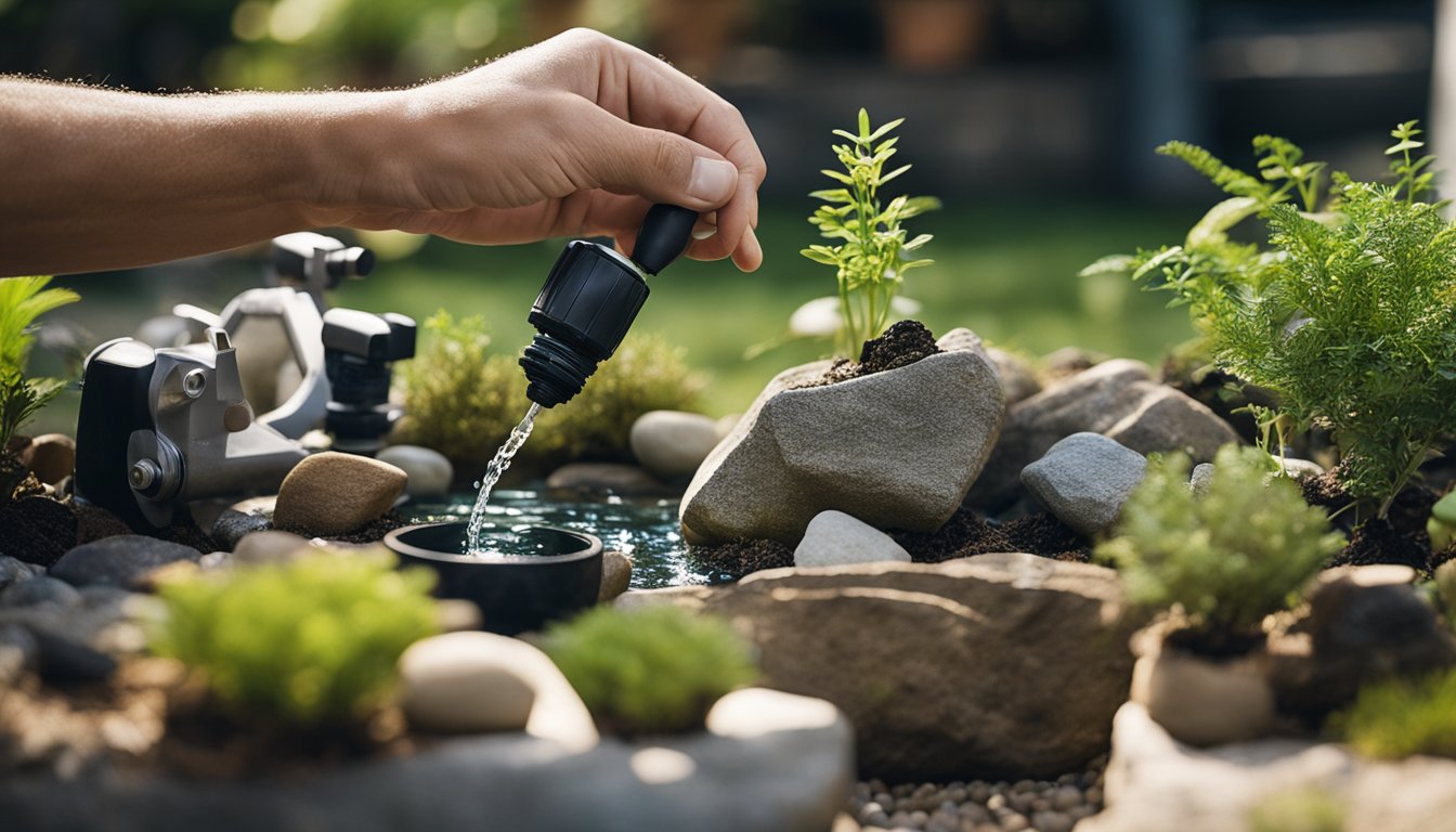 A person constructing a small garden water feature with stones, a pump, and plants, surrounded by tools and materials