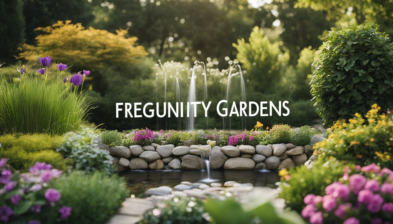 A serene garden with a flowing water feature surrounded by various DIY projects and a sign with "Frequently Asked Questions" displayed prominently