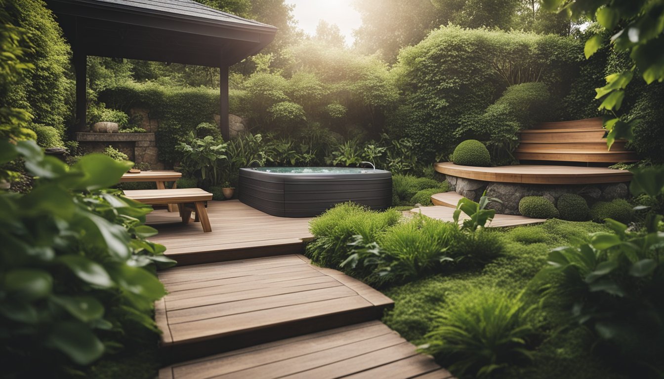 A small garden with a secluded outdoor spa featuring a stone pathway, lush greenery, a wooden deck, and a cozy seating area