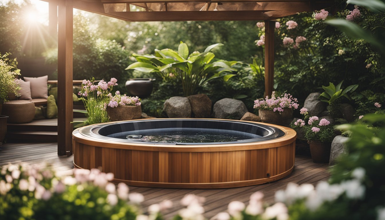 A cozy outdoor spa nestled in a small garden, surrounded by lush greenery and blooming flowers. A bubbling hot tub, wooden deck, and comfortable seating invite relaxation and tranquility