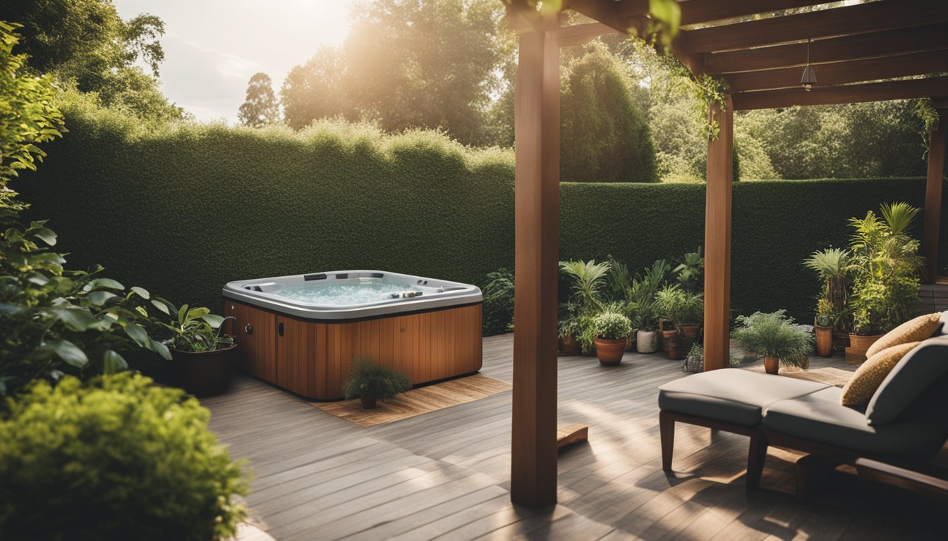 A serene backyard with a hot tub surrounded by lush greenery, with eco-friendly cleaning products displayed nearby