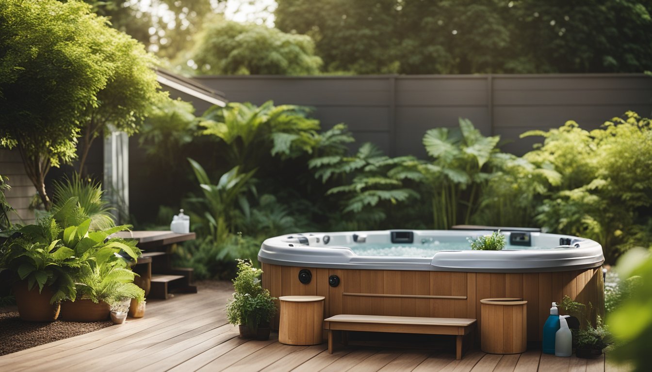 A serene backyard with a hot tub surrounded by lush greenery, a stack of eco-friendly cleaning products nearby