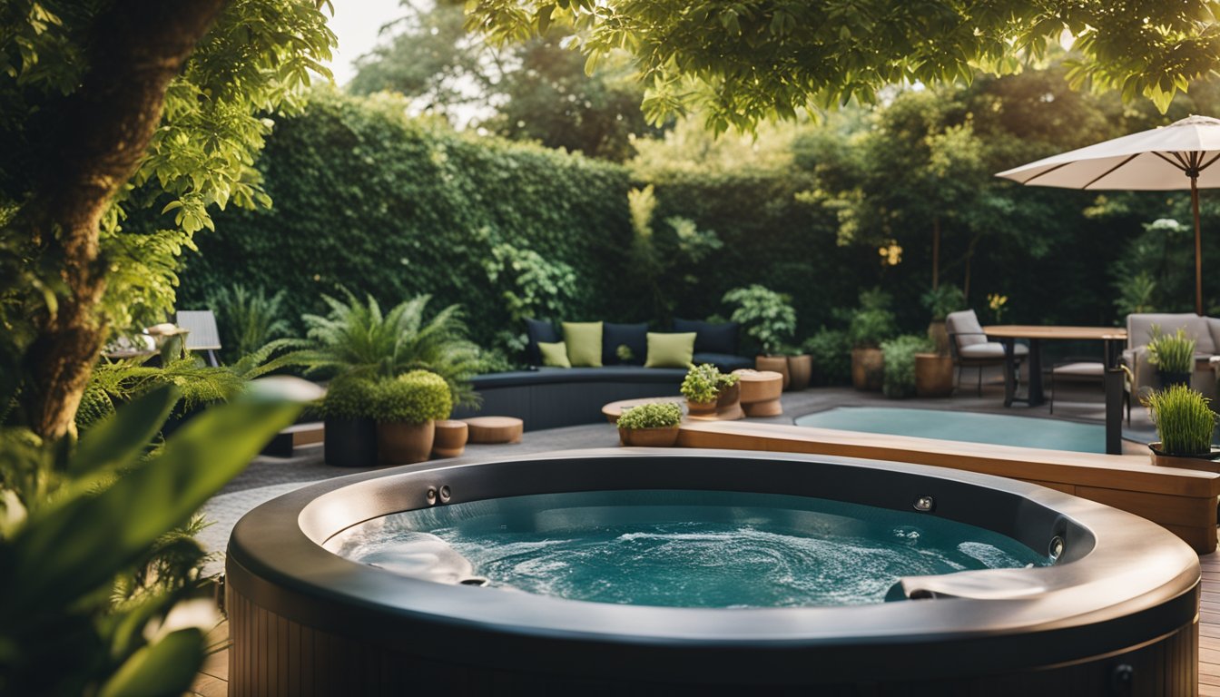 A serene backyard setting with a hot tub surrounded by lush greenery and comfortable seating, evoking a sense of relaxation and mental wellbeing