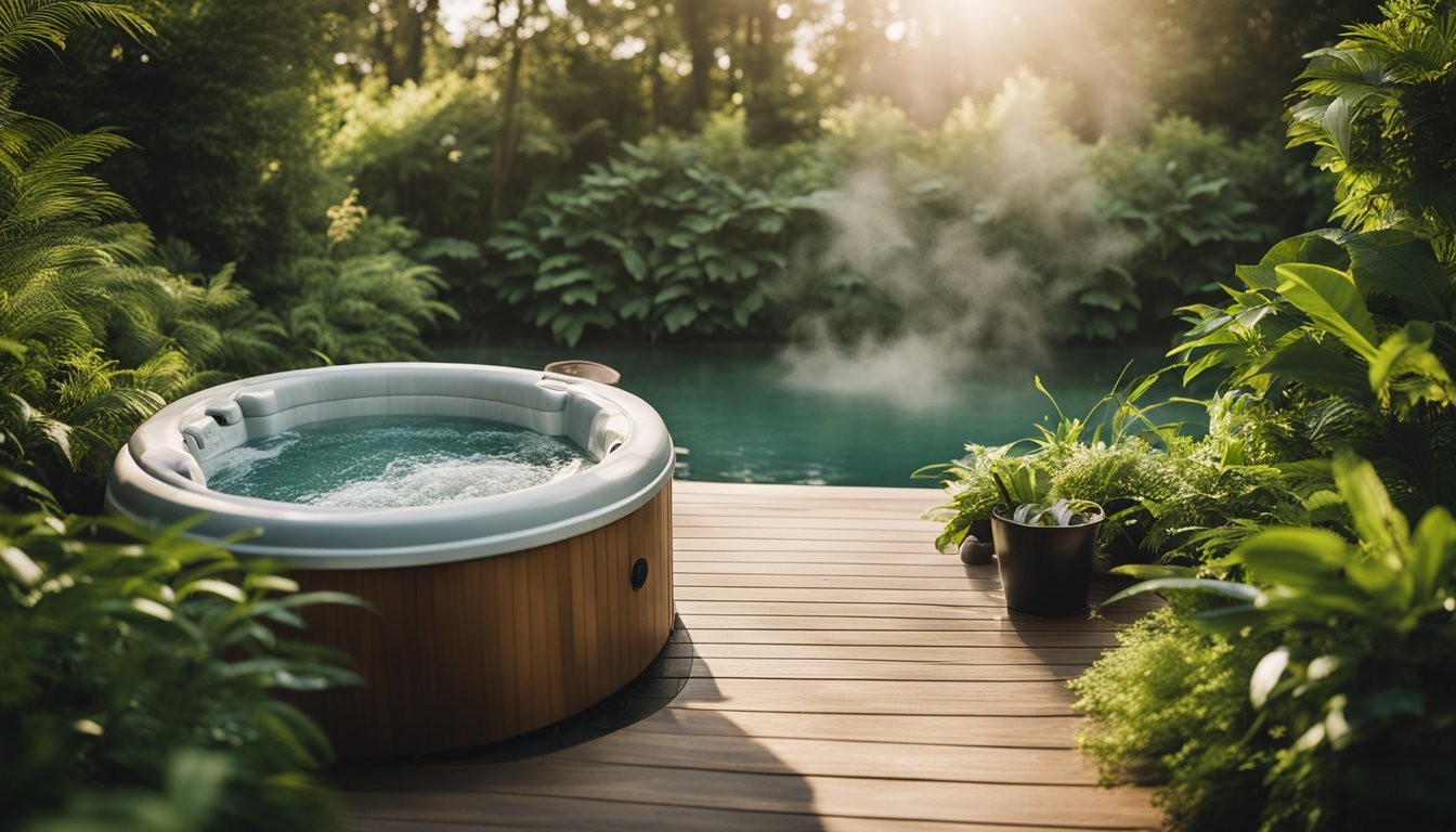 A serene outdoor hot tub surrounded by lush greenery, with steam rising from the water and a sense of relaxation and tranquility in the air