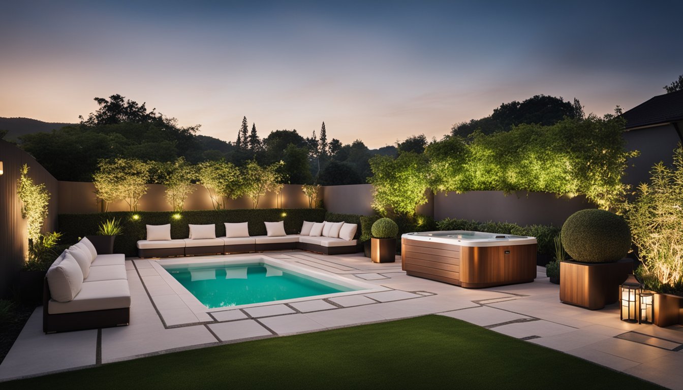 A modern garden with a sleek hot tub surrounded by stylish outdoor furniture, lush greenery, and soft lighting for a harmonious and inviting atmosphere