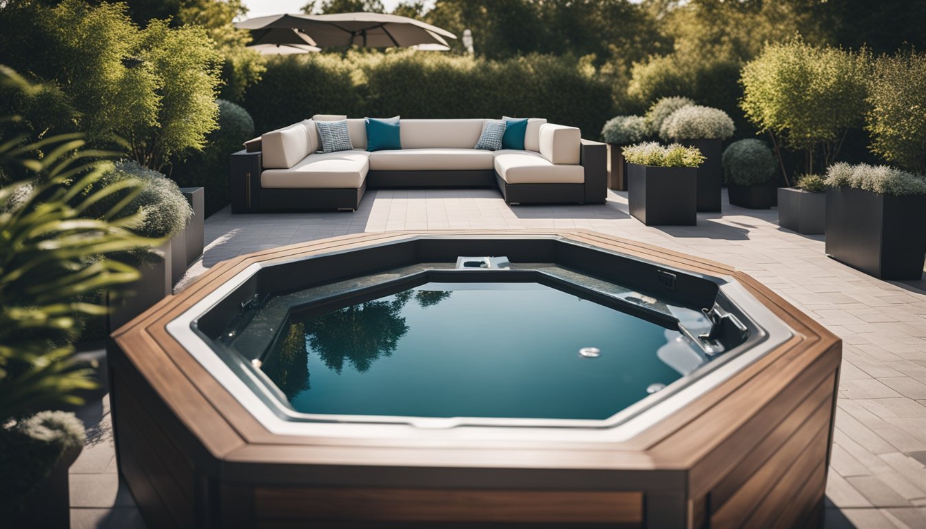 A sleek, modern hot tub nestled in a lush garden oasis, surrounded by contemporary outdoor furniture and stylish landscaping