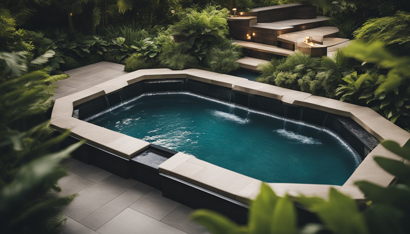 A lavish hot tub nestled in a lush garden, surrounded by elegant landscaping and luxurious features such as built-in seating, waterfall, and mood lighting