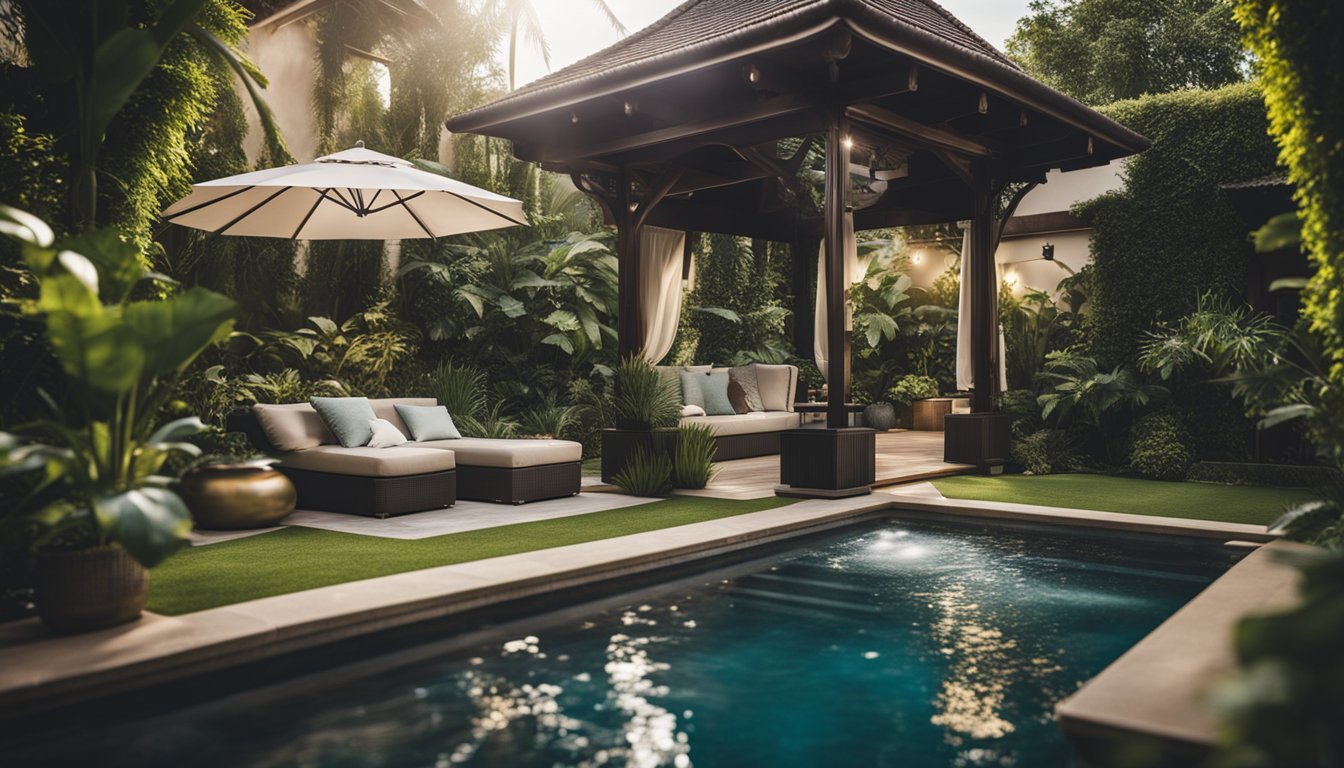 A lush garden with a luxurious hot tub surrounded by elegant features and amenities, creating an extravagant and serene atmosphere