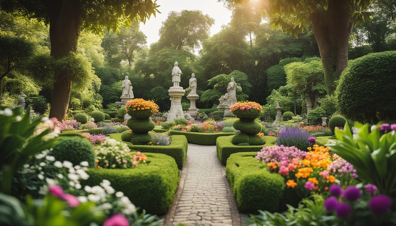 A lush garden with a mix of traditional and contemporary elements, featuring symbolic statues, colorful flowers, and winding paths