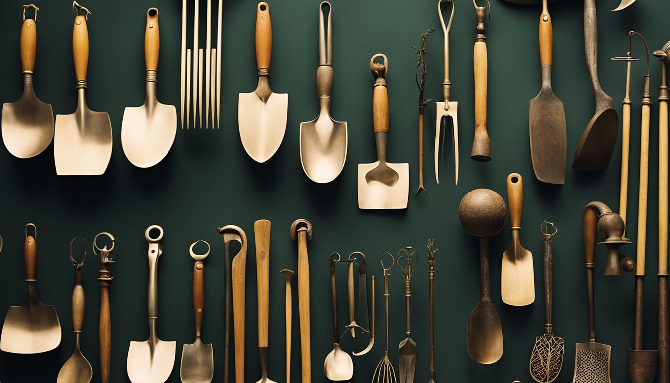 A diverse array of traditional garden tools and plants from various cultures displayed in a museum exhibit