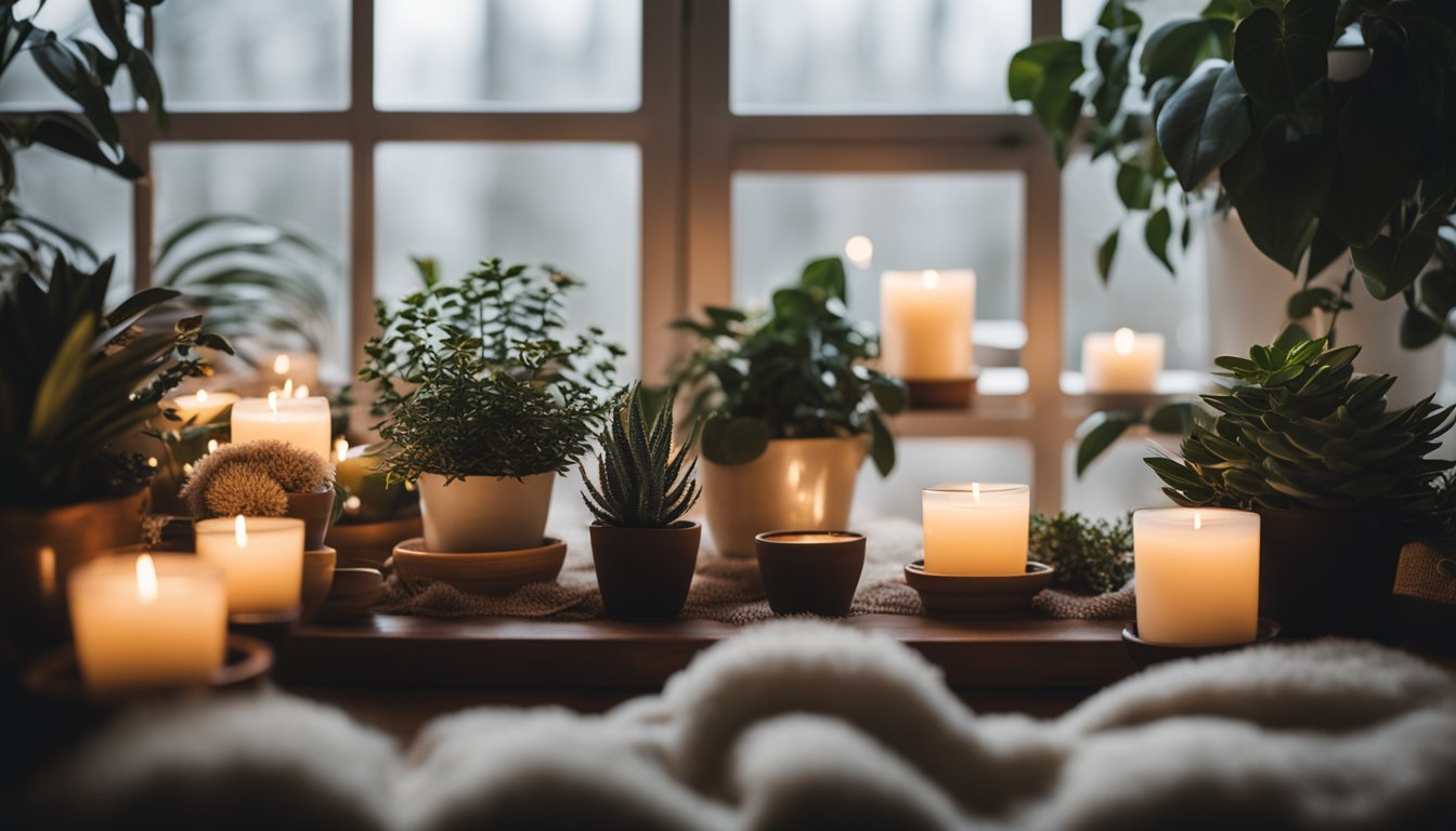 A cozy winter garden sanctuary with warm lighting, plush blankets, and flickering candles, surrounded by potted plants and soft, fluffy pillows