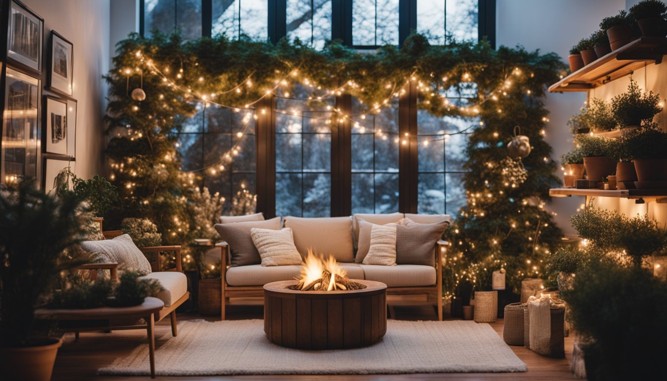 A cozy winter garden with a crackling fire, plush seating, twinkling string lights, and shelves of potted plants, creating a warm and inviting sanctuary