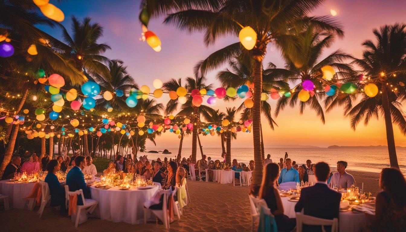 A colorful outdoor party with a tropical theme, complete with tiki torches, leis, and palm trees, set against a backdrop of a sunset beach