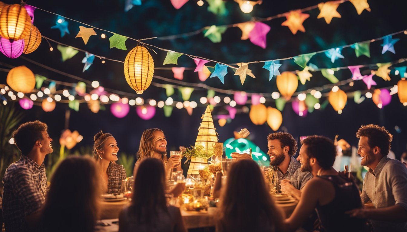 A vibrant, outdoor party scene with colorful decorations, creative lighting, and unique themes such as a tropical luau, retro carnival, or celestial stargazing