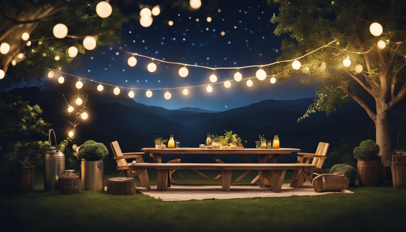 A cozy outdoor setting with fairy lights, colorful lanterns, and a rustic picnic area, surrounded by lush greenery and a starry night sky