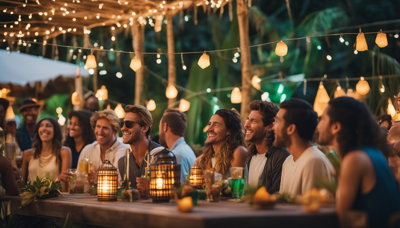 A backyard party with a tropical theme, featuring colorful tiki torches, a bamboo bar, and a stage for live music