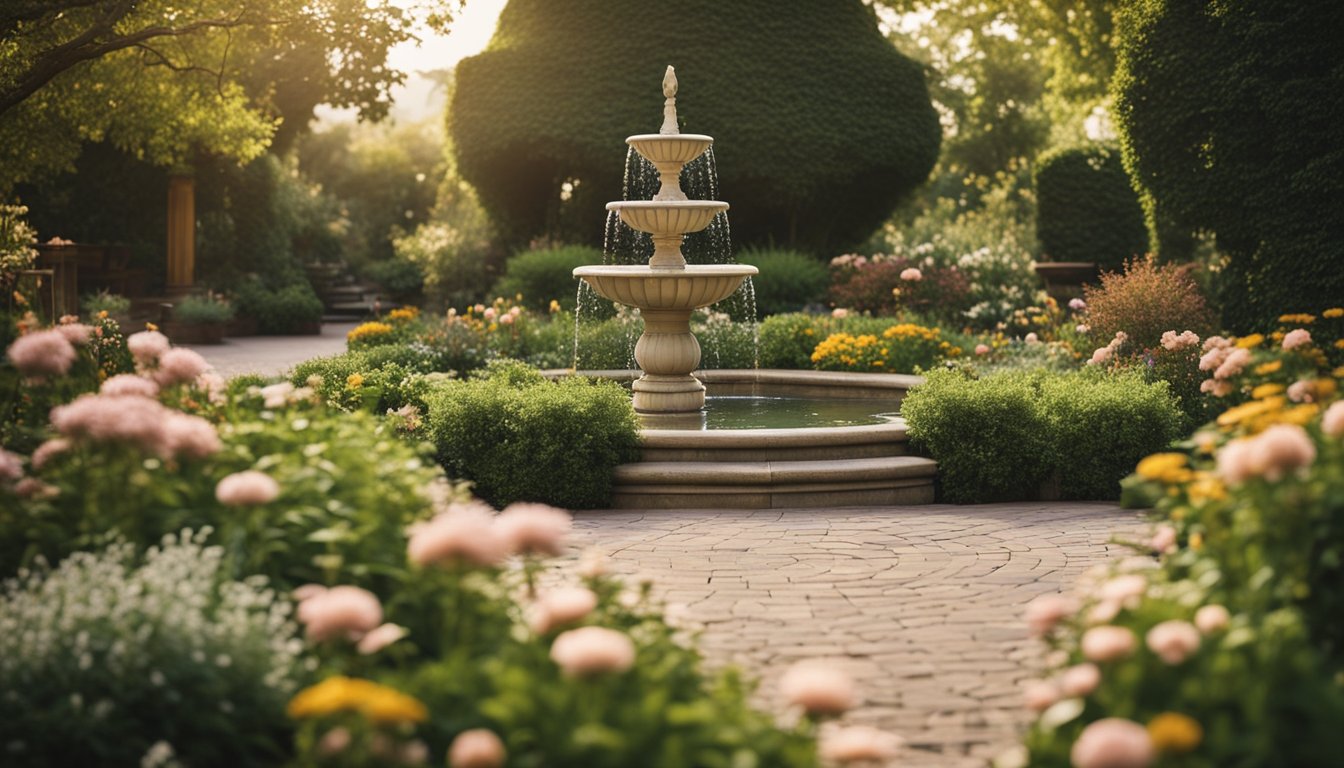 A lush garden with a winding path, blooming flowers, cozy seating areas, and a peaceful fountain. Birds and butterflies flutter around as a gentle breeze rustles the leaves