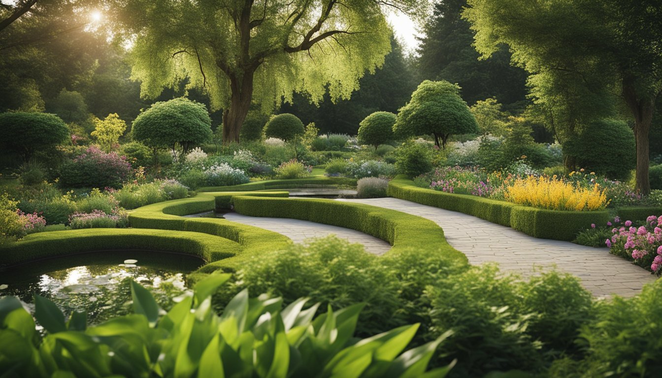 A lush garden with a winding path, blooming flowers, a tranquil pond, and a cozy seating area for outdoor activities