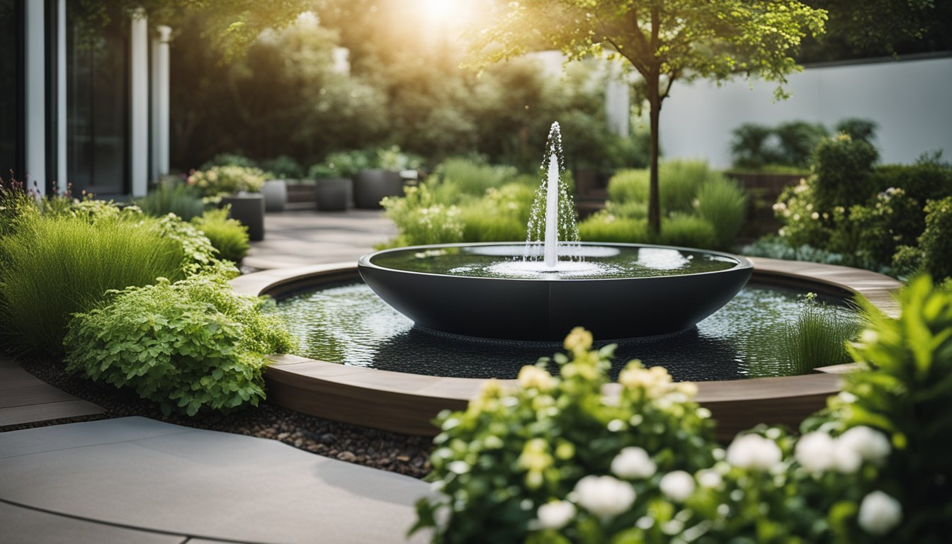 A serene garden with a modern water feature, incorporating innovative design elements, surrounded by lush greenery and blooming flowers