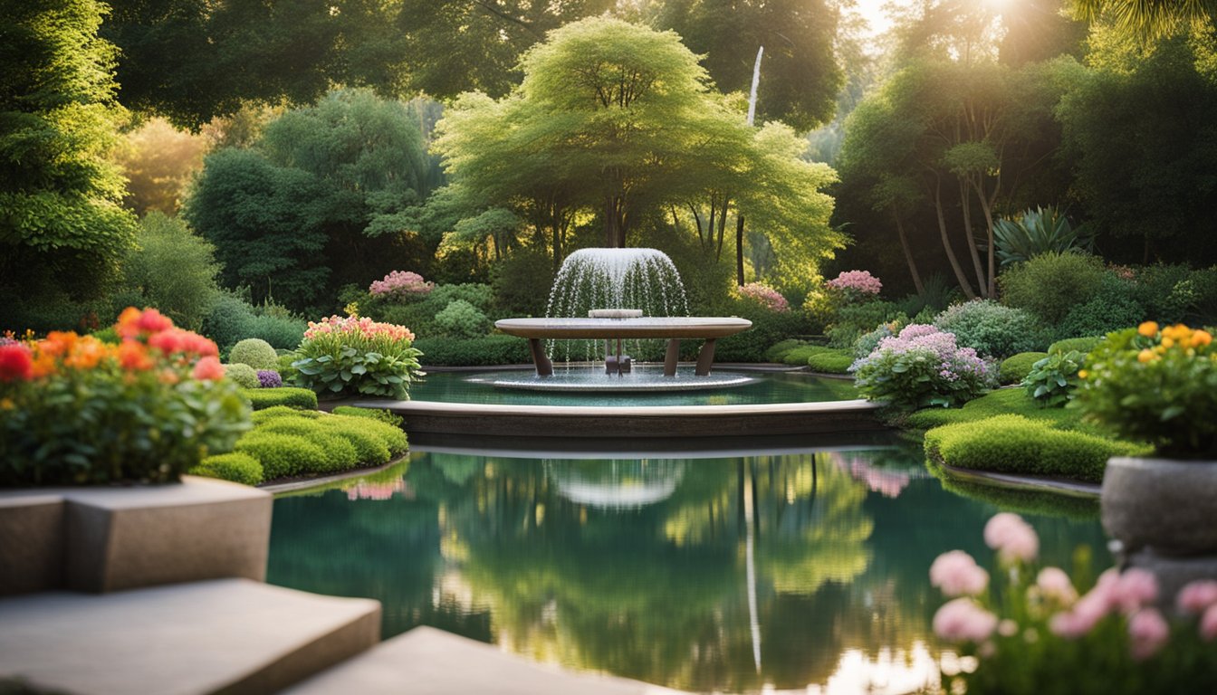 A serene garden with modern water features, including cascading fountains and reflective ponds, surrounded by lush greenery and colorful blooms