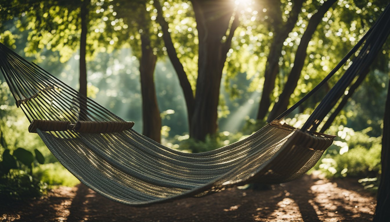 A backyard hammock suspended between two trees, surrounded by lush greenery and dappled sunlight filtering through the leaves