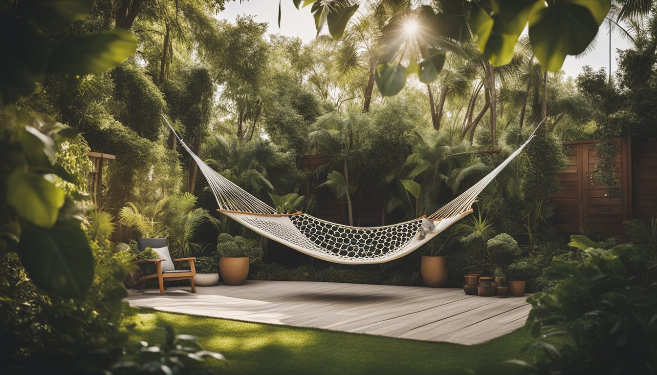 A backyard with various hammock designs suspended between trees, including unconventional shapes and materials. Surrounding plants and a clear sky add to the tranquil setting