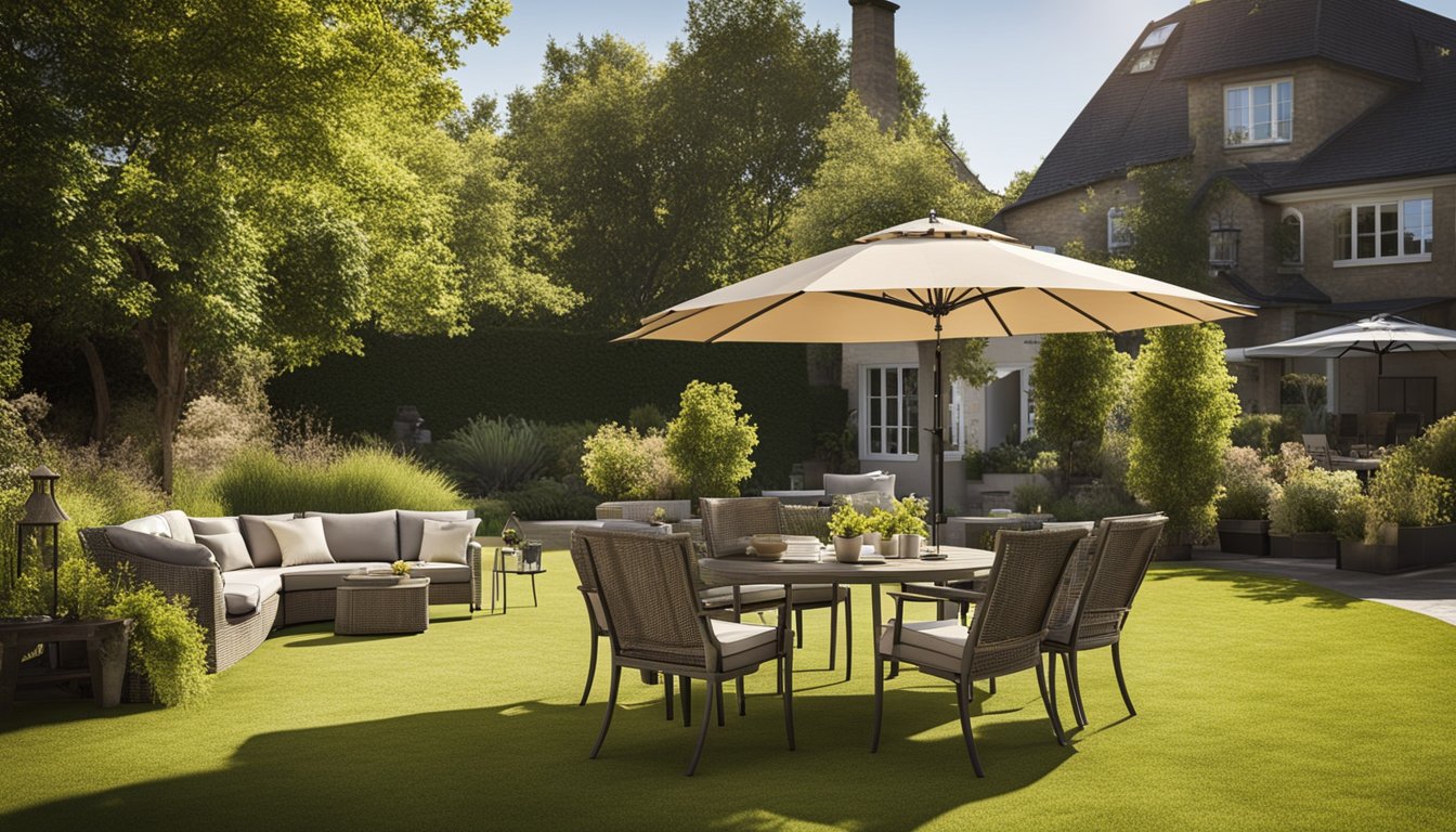 A sunny backyard with a variety of garden furniture options displayed, including tables, chairs, and umbrellas. A small maintenance kit is shown nearby