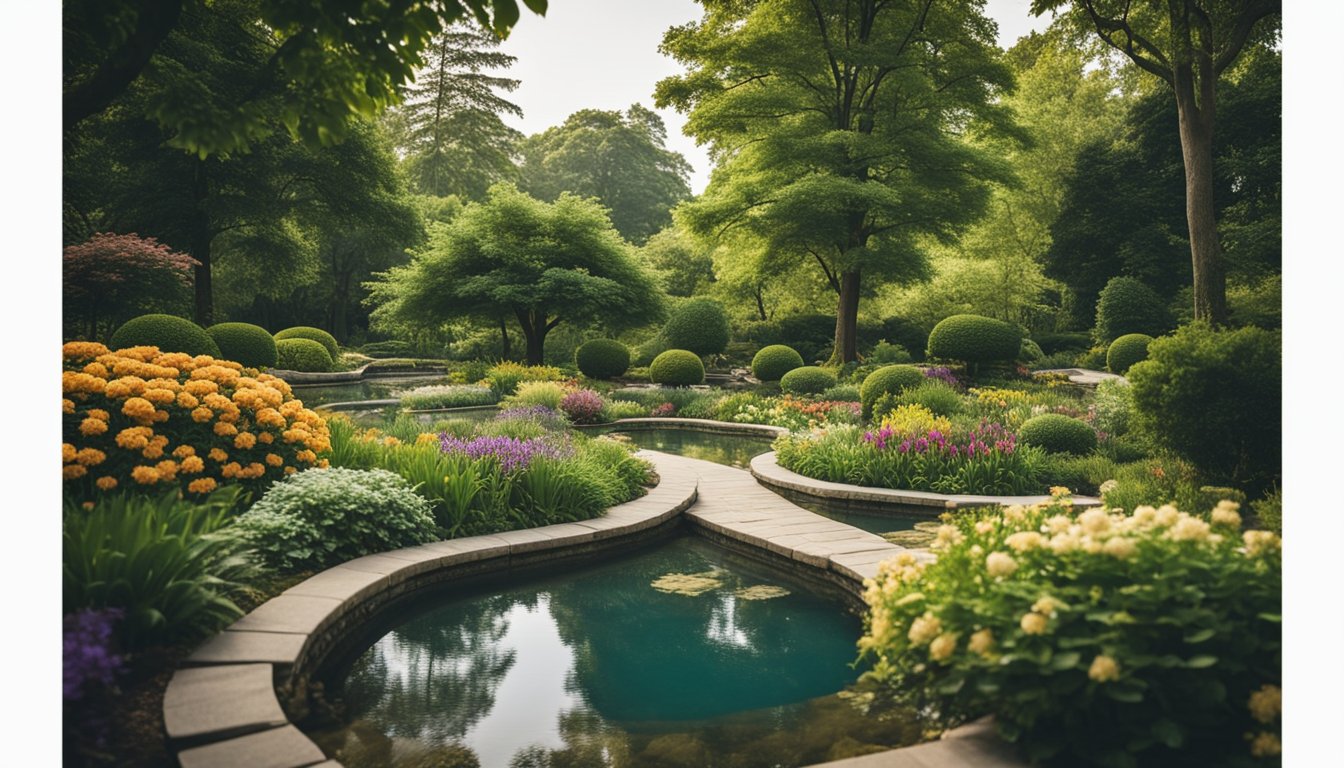 A peaceful garden with lush greenery, winding paths, and serene water features, surrounded by tall trees and colorful flowers