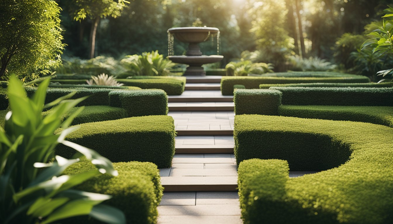 A peaceful garden with winding paths, lush greenery, and tranquil water features. A small meditation area with comfortable seating and soft lighting