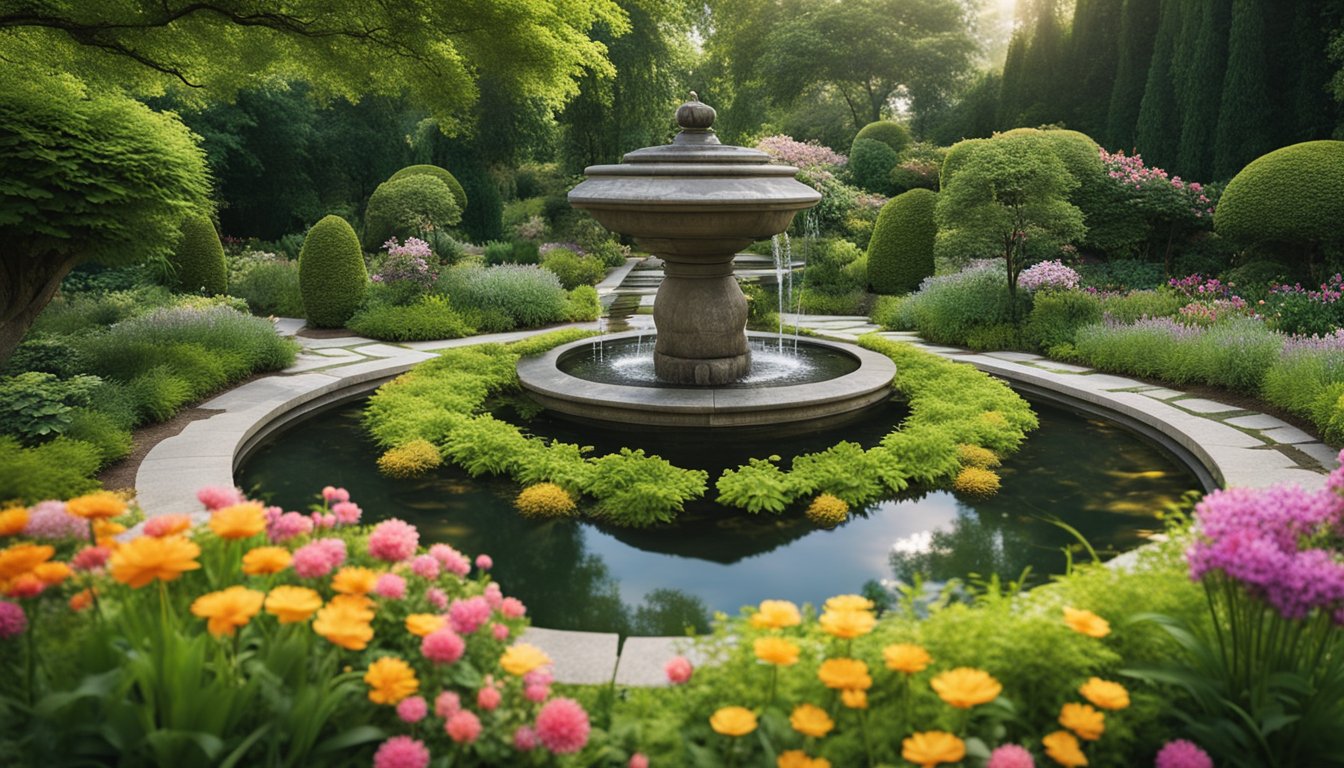 A serene garden with a variety of unique water features, including fountains, ponds, and streams, surrounded by lush greenery and colorful flowers