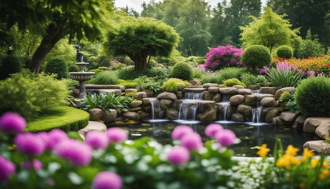 A lush garden with various unique water features, such as fountains, ponds, and cascading waterfalls, surrounded by vibrant flowers and greenery