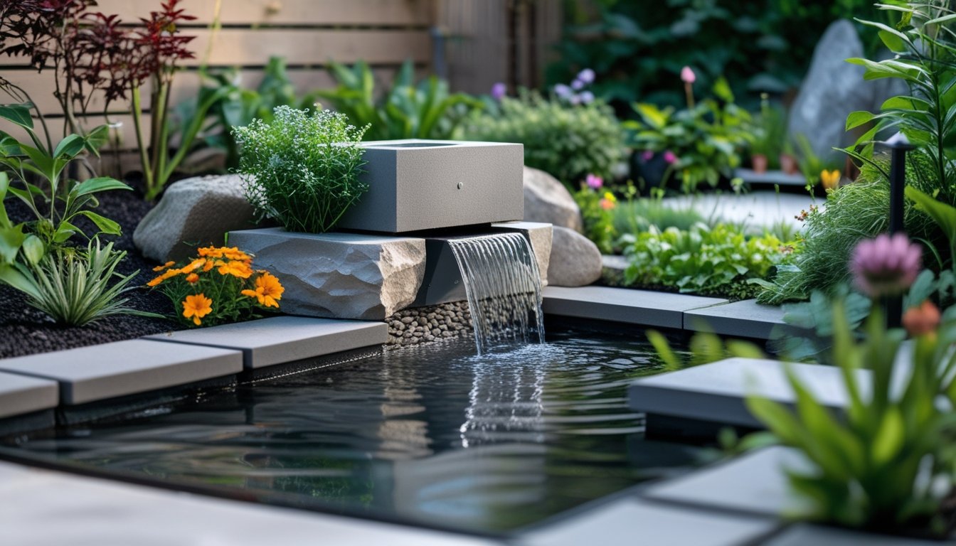 A small garden with a modern water feature surrounded by plants and flowers.