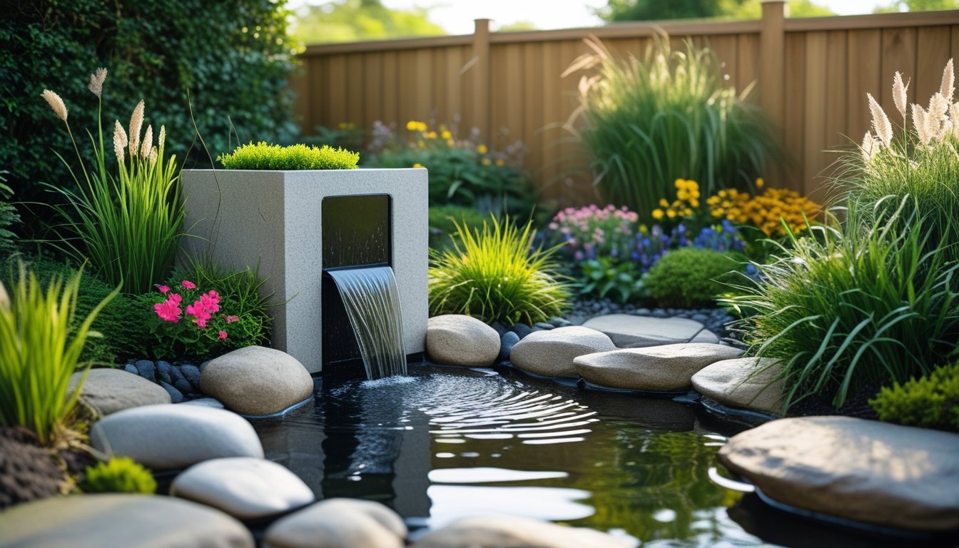 A small garden with a modern water fountain surrounded by plants, flowers, and a small pond.