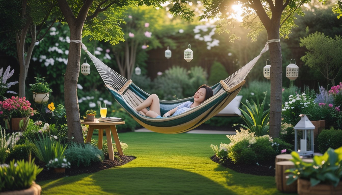 A person relaxing in a hammock suspended between trees in a lush garden surrounded by plants and flowers.