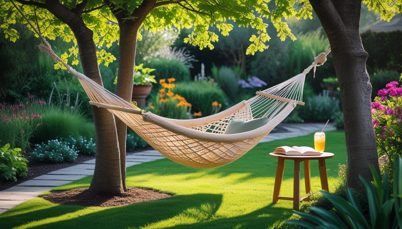 A unique hammock hanging between two trees in a garden surrounded by green plants and colourful flowers with a wooden table holding a drink and book nearby.
