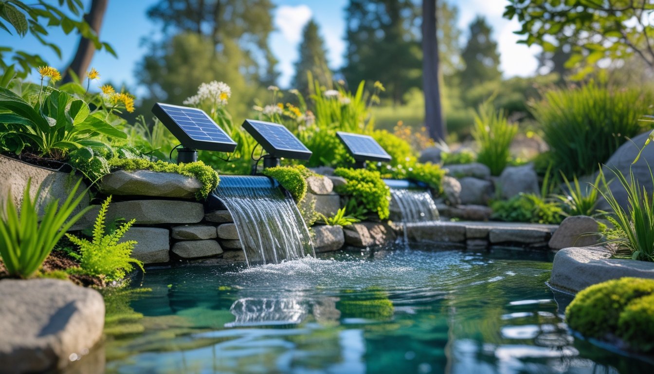 A small natural stone waterfall flowing into a clear pond surrounded by green plants and wildflowers in a garden.