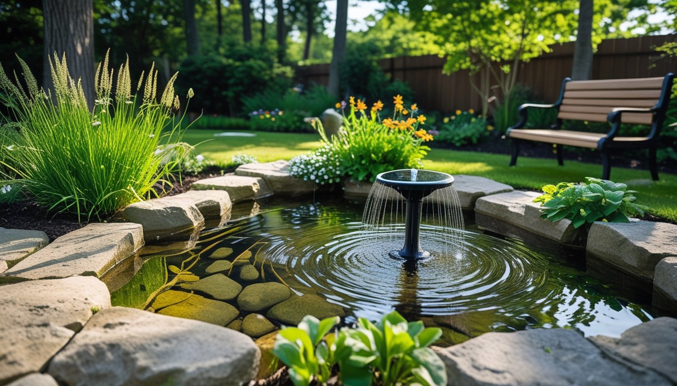 A natural stone pond with a solar-powered fountain surrounded by green plants and wildflowers in a garden with trees and a wooden bench nearby.