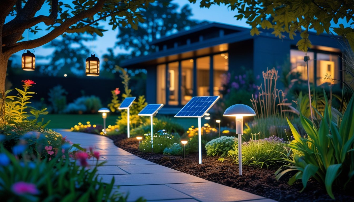 A garden at dusk lit by solar lanterns, LED pathway lights, and wind-powered garden stakes among plants and flowers near a modern house.