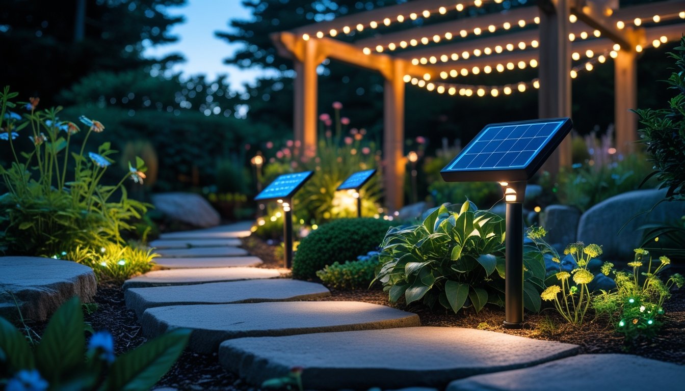 A garden pathway lit by solar-powered lights with string lights hanging over a wooden pergola at dusk.