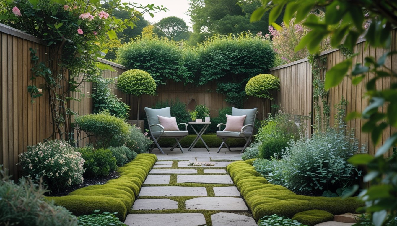 A small British garden with lush plants, a seating area, stone paving, and a gentle water feature creating a peaceful outdoor space.