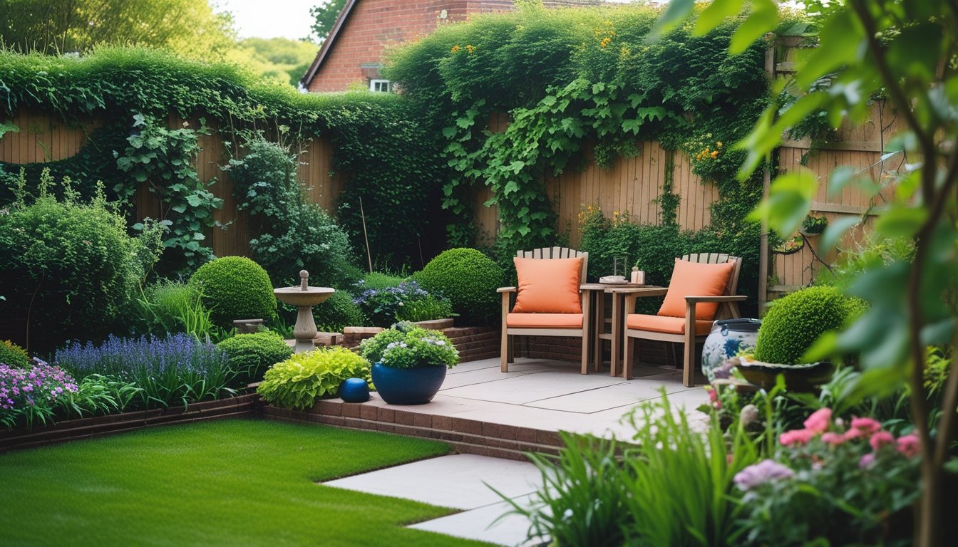 A small British garden with green grass, colourful flowers, shrubs, wooden garden furniture, and a water feature, all arranged to create a peaceful and relaxing outdoor space.
