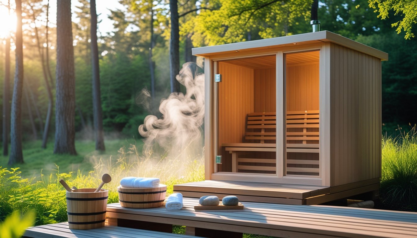 An outdoor wooden sauna cabin surrounded by trees with steam rising from the door and sauna accessories on a bench nearby.