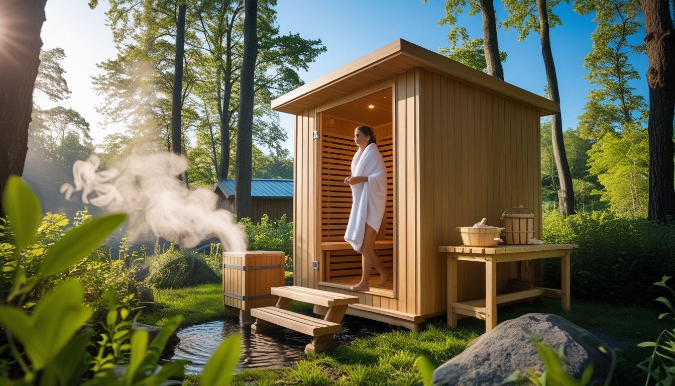 A person stepping out of a wooden outdoor sauna surrounded by trees and greenery on a sunny day.