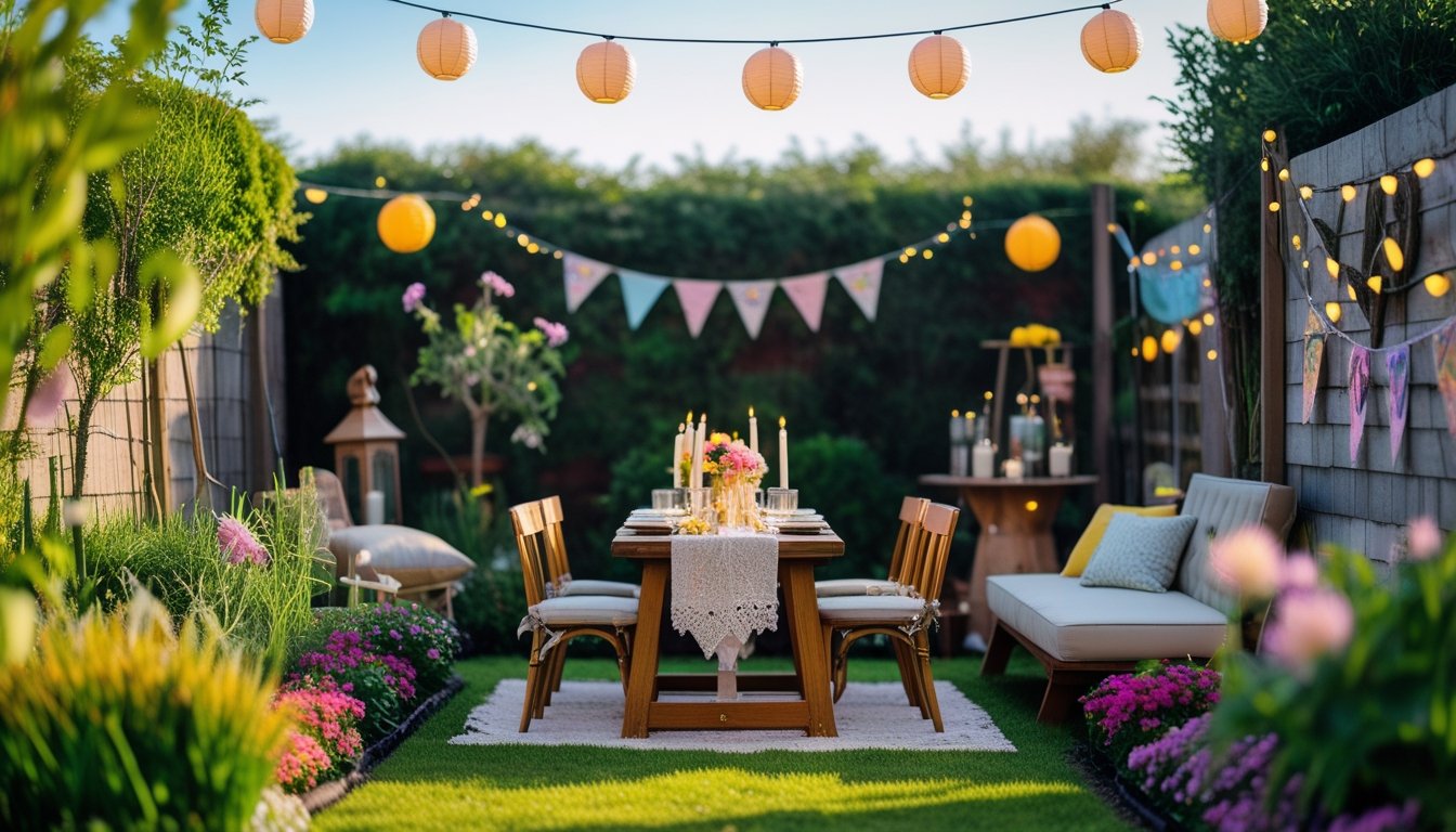 Small garden set up for an outdoor party with a decorated table, chairs, string lights, and colourful flowers.