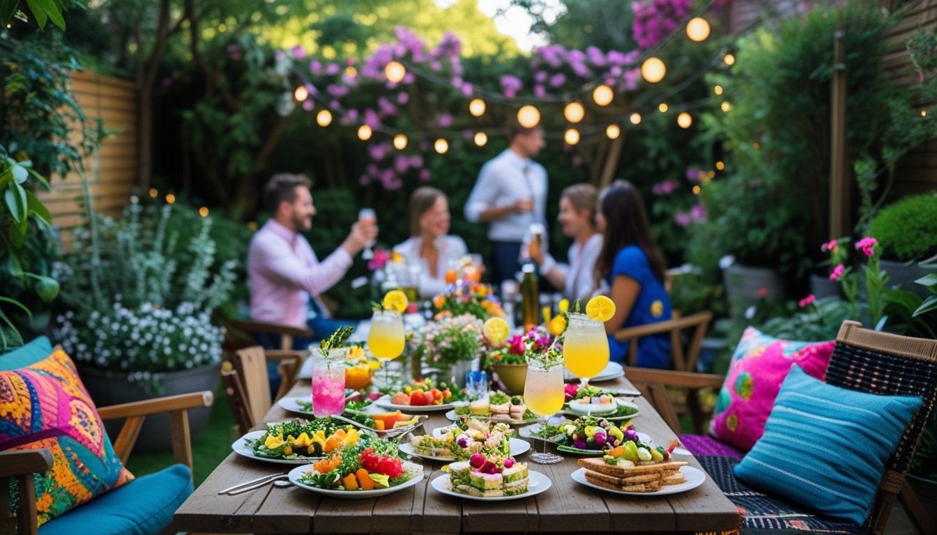 Small garden party with a wooden table set with food and drinks, surrounded by plants and guests enjoying the outdoor gathering.
